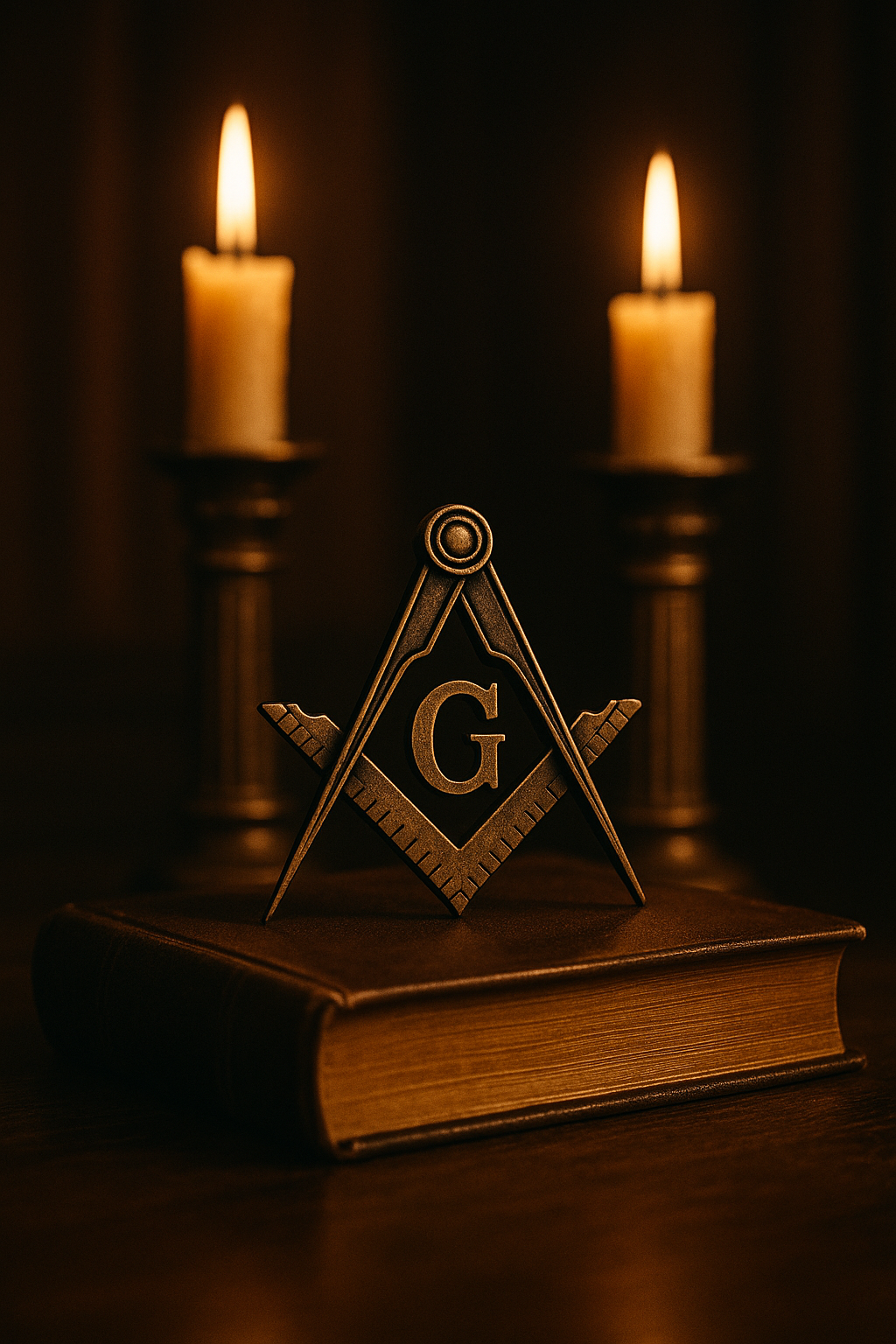 A symbolic Freemason lodge scene showing square and compass in candlelight – representing tradition and brotherhood