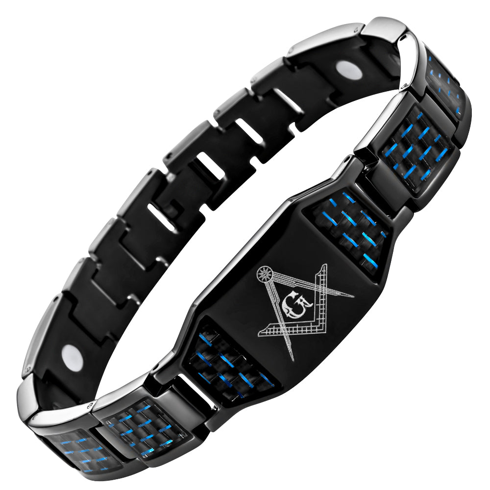 MasonicMan Black Titanium Masonic Magnetic Bracelet with Blue Carbon Fiber