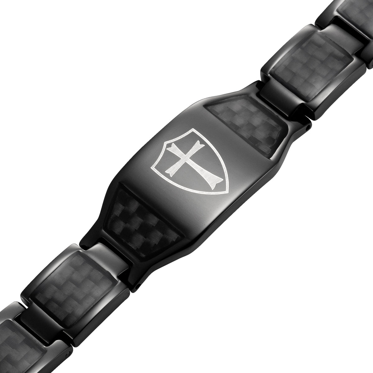 Black Titanium Bracelet with Black Carbon Fiber Knights Templar Cross Shield
