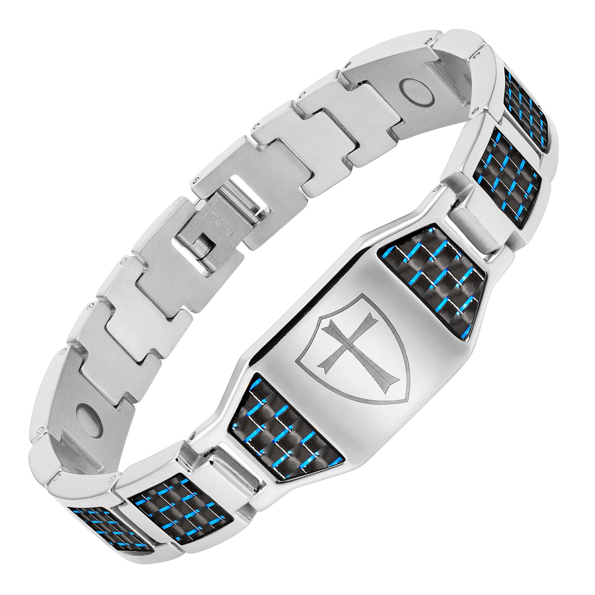 Titanium Bracelet with Blue Carbon Fiber Knights Templar Cross Shield