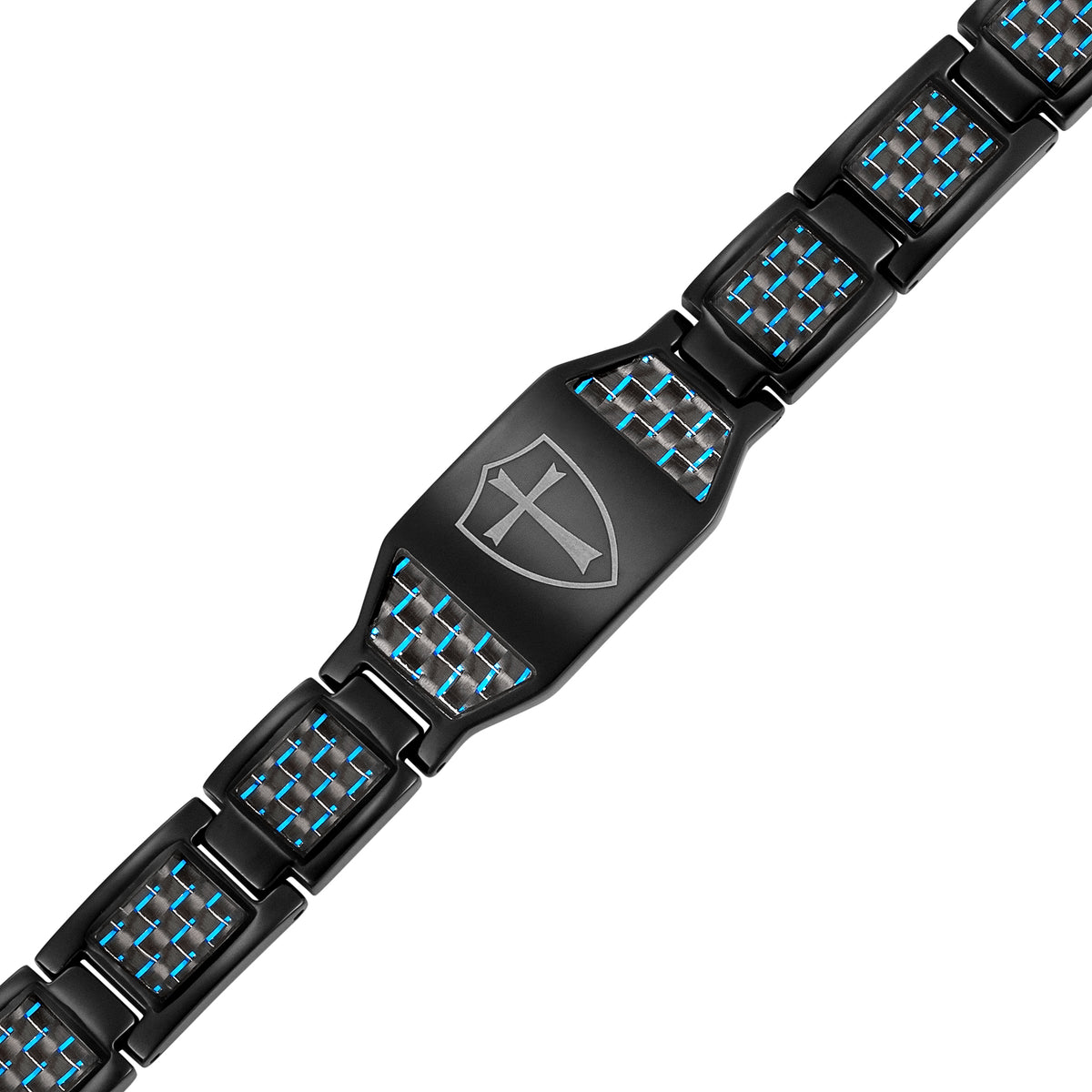 Black Titanium Bracelet with Blue Carbon Fiber Knights Templar Cross Shield