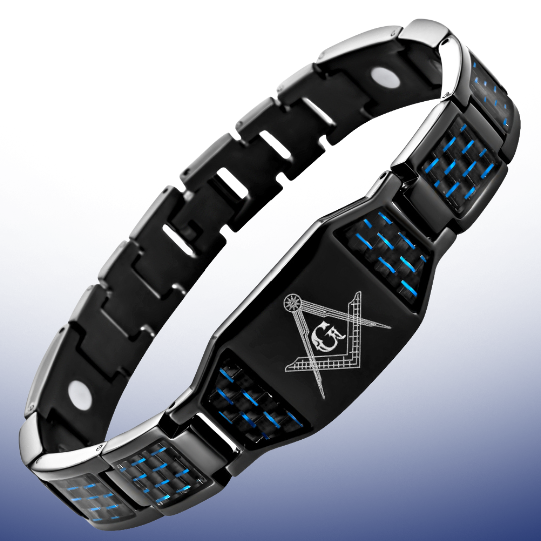 MasonicMan Black Titanium Masonic Magnetic Bracelet with Blue Carbon Fiber