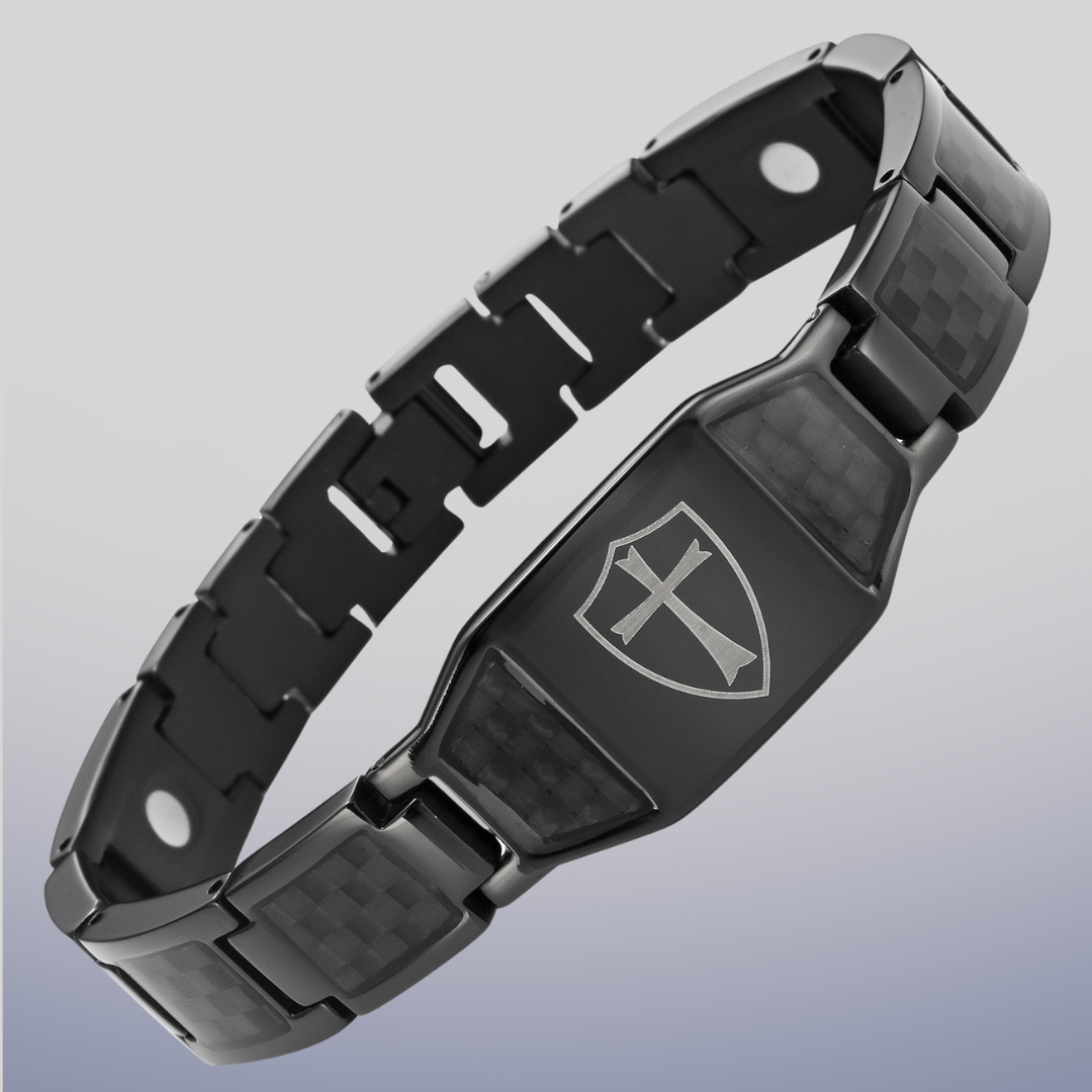 Black Titanium Bracelet with Black Carbon Fiber Knights Templar Cross Shield