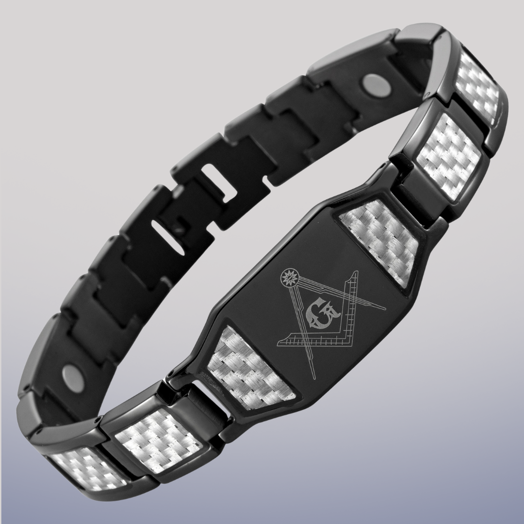 Black Titanium Masonic Bracelet with Silver Carbon Fiber Insets