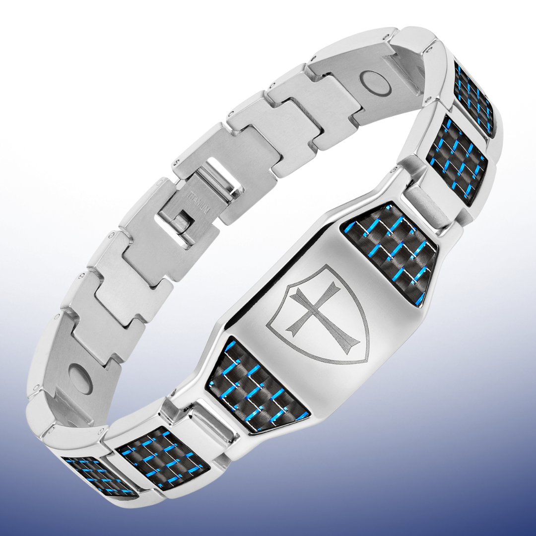 Titanium Bracelet with Blue Carbon Fiber Knights Templar Cross Shield