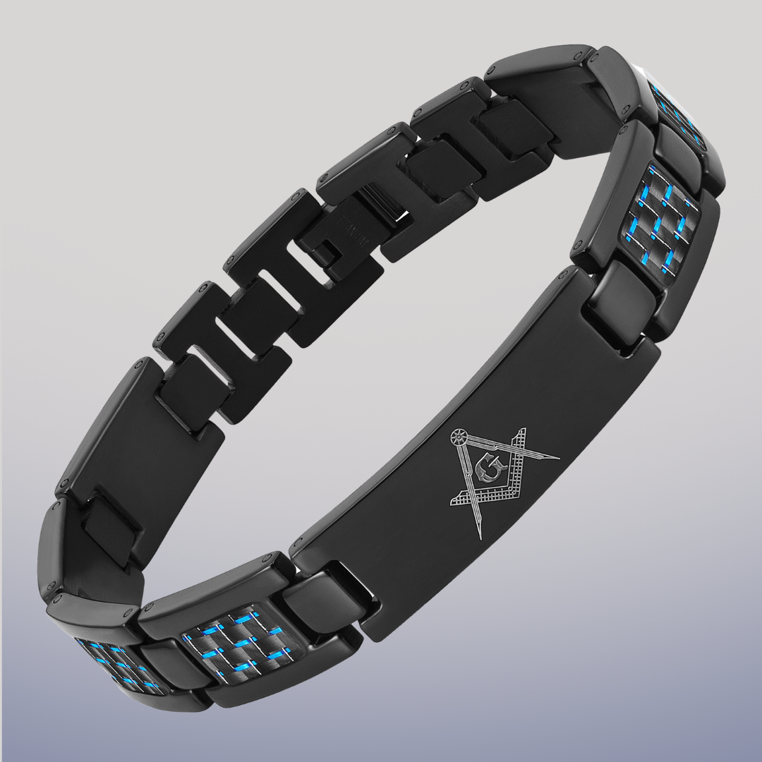 Masonic Black Titanium Bracelet with Blue Carbon Fiber