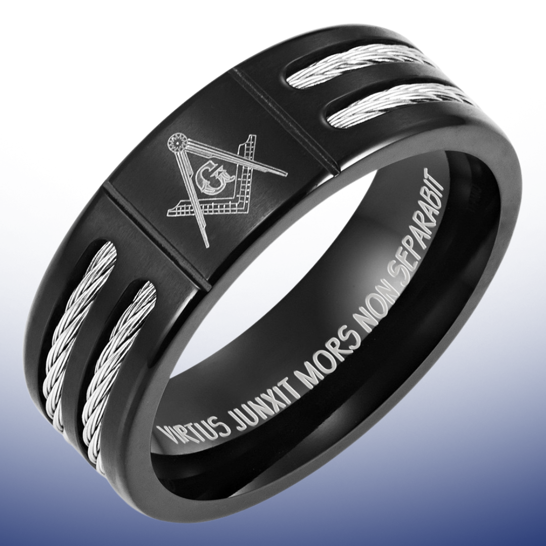 Titanium Masonic Ring Engraved Latin with Rope