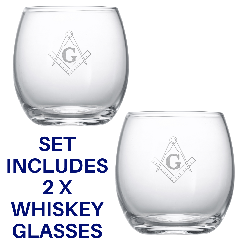 Masonic whiskey decanter set with stand and glasses filled with whiskey
