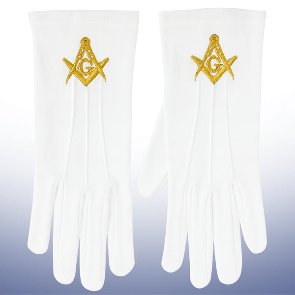 White Masonic gloves with gold embroidered Square and Compasses G