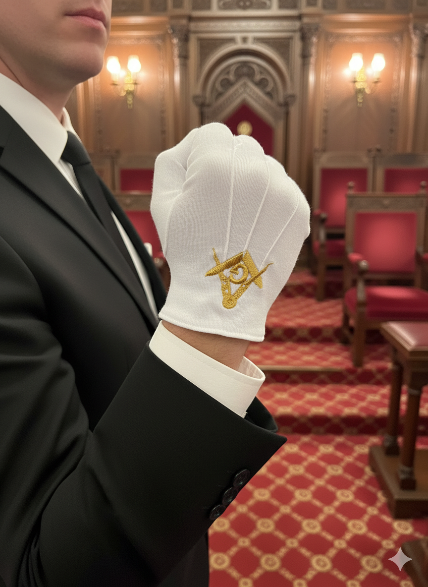 White Lodge gloves embroidered with gold Square and Compasses and G