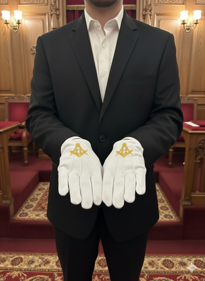 Freemason regalia gloves featuring gold Square &amp; Compasses emblem