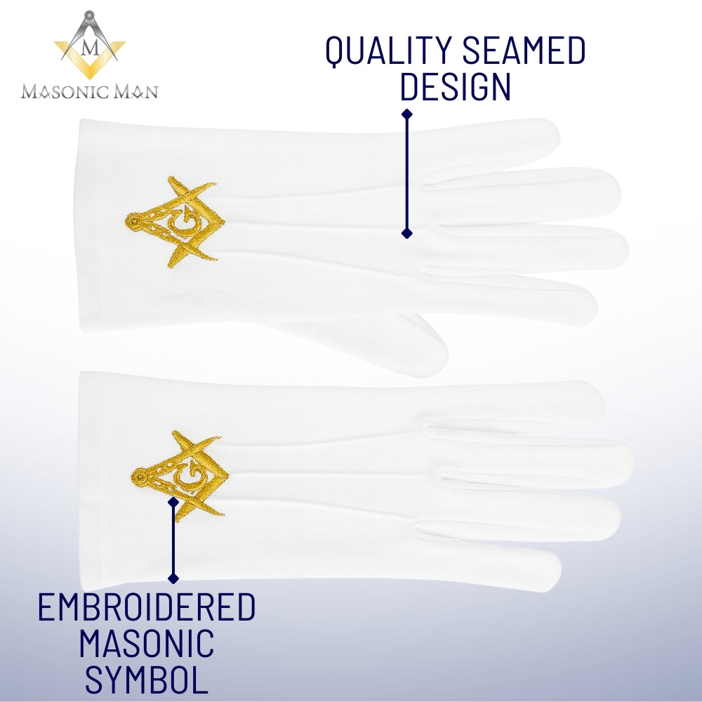 Traditional white cotton Masonic gloves with gold embroidery