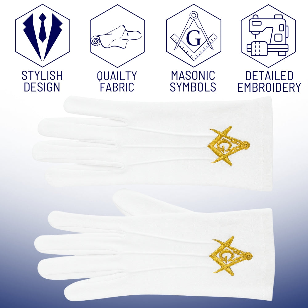 White Masonic gloves with gold G emblem and Square &amp; Compasses