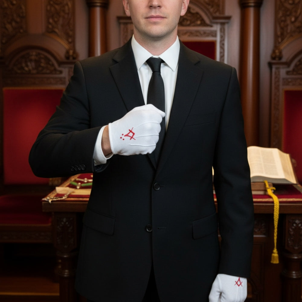 White cotton gloves with red Masonic Square and Compasses symbol