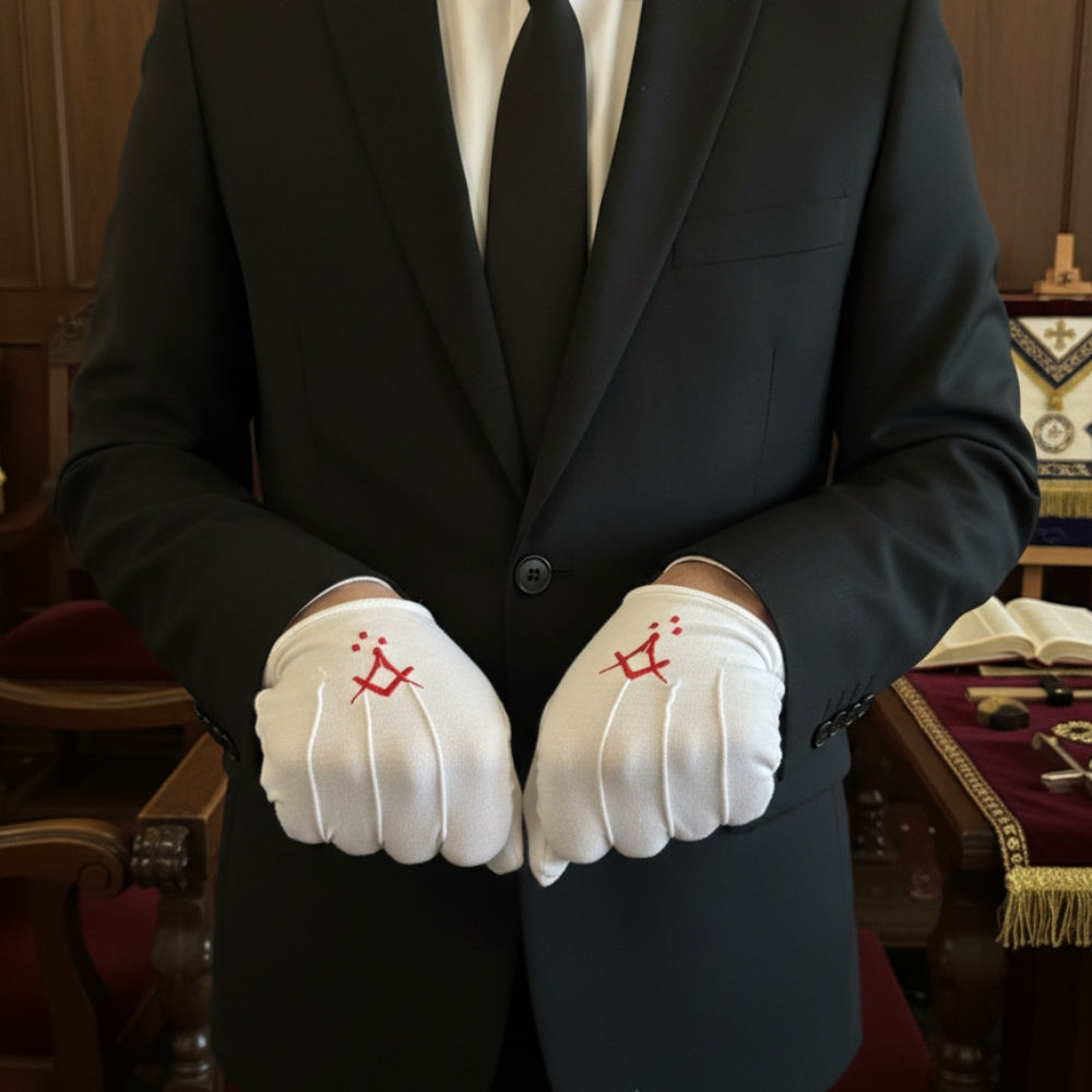 Freemason regalia gloves featuring red Square &amp; Compasses emblem