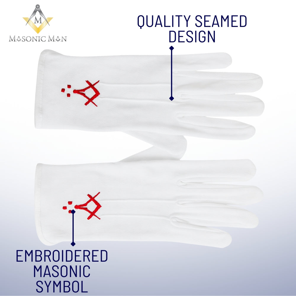 Traditional Masonic Lodge gloves with red embroidery