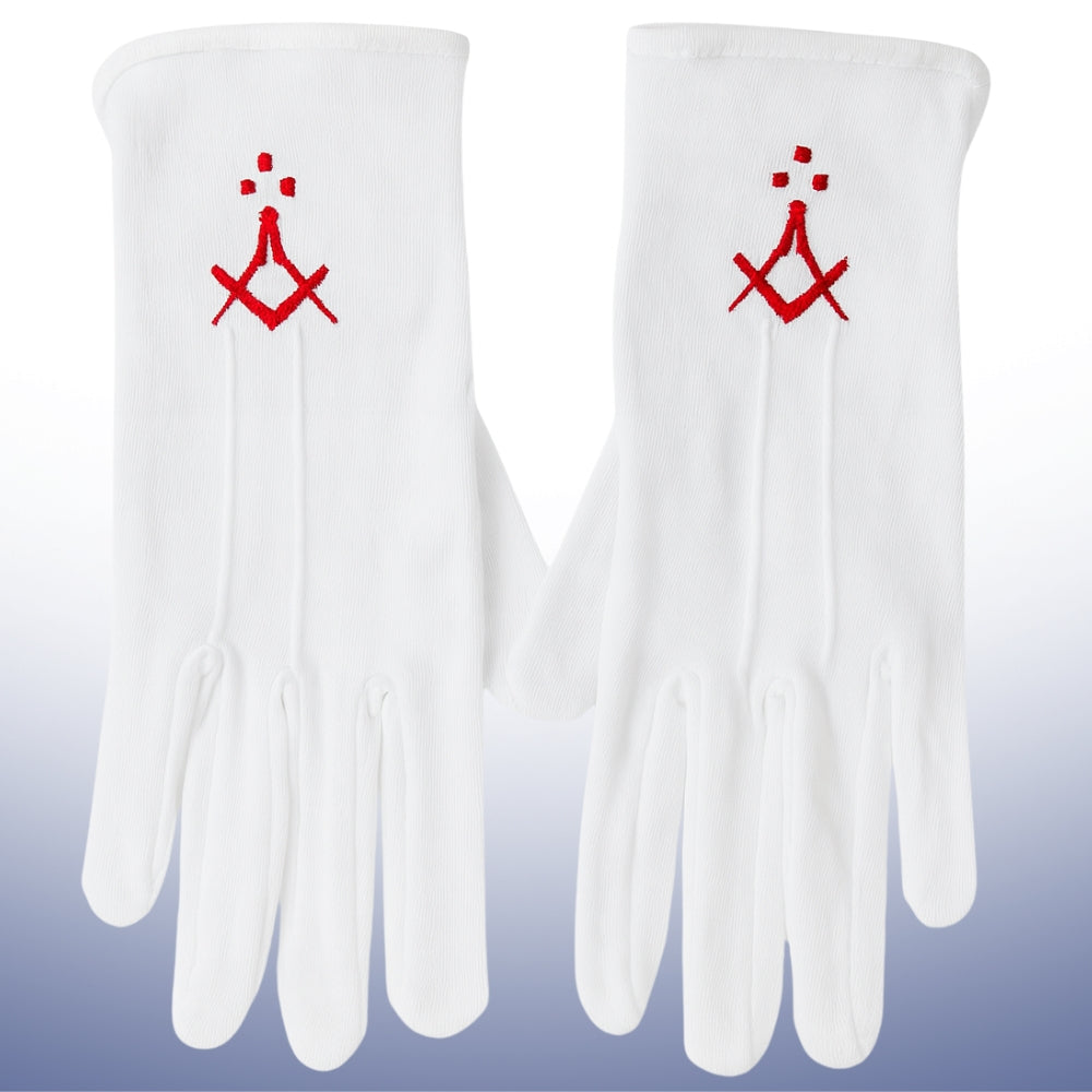 White Masonic gloves with red embroidered Square and Compasses