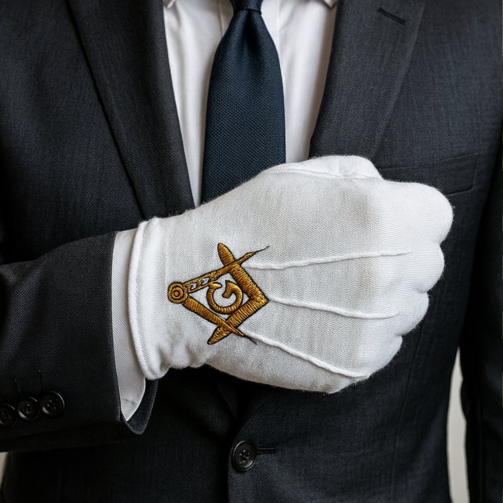 Freemason regalia gloves in white cotton with gold symbol
