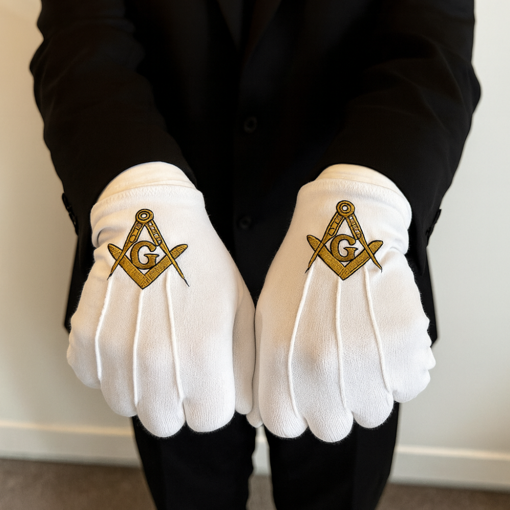 White Freemason gloves with embroidered Square and Compasses emblem