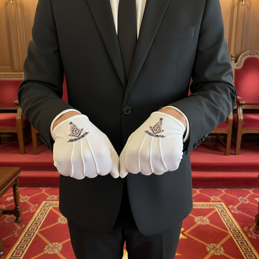 Freemason regalia gloves featuring Past Master emblem