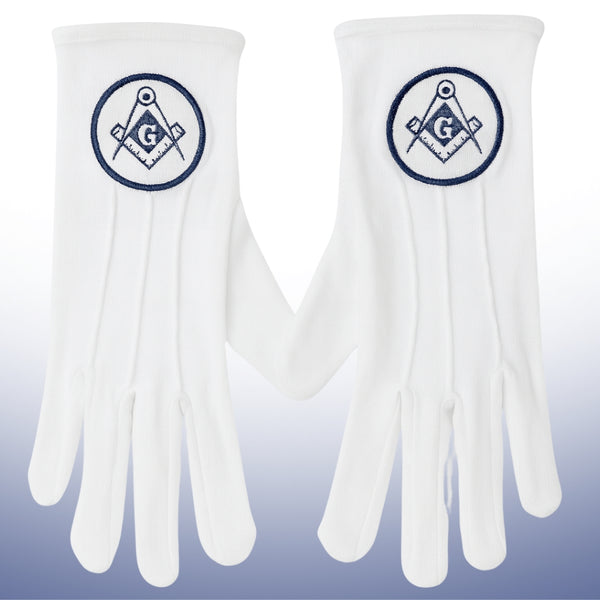 White Masonic gloves with navy embroidered Square and Compasses and G in circle