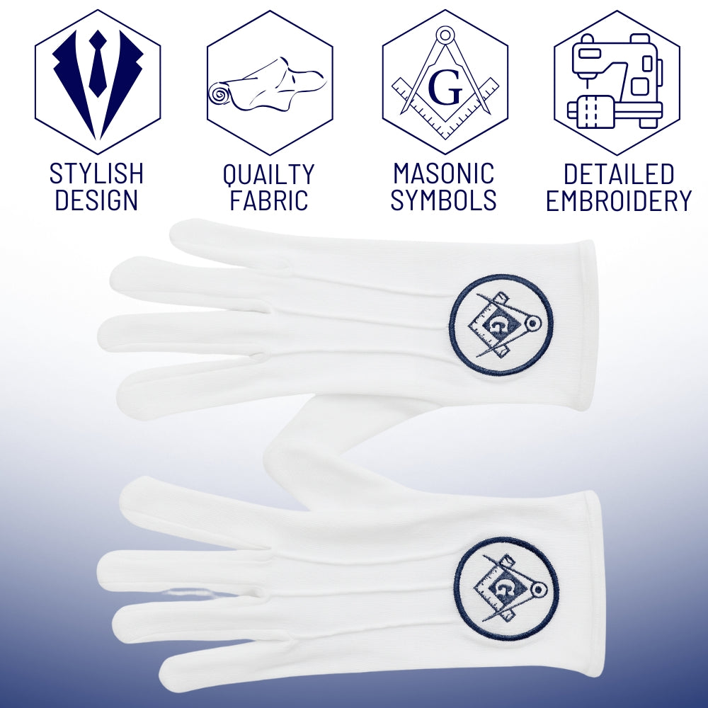 Freemason gloves symbolising unity and balance with navy emblem