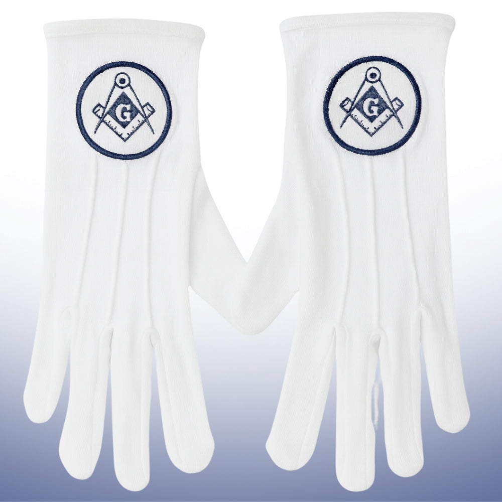 White Masonic gloves with navy embroidered Square and Compasses and G in circle