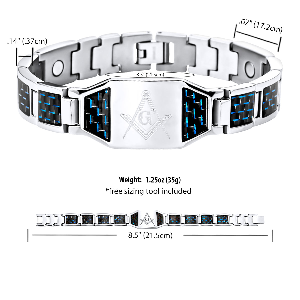 MasonicMan Titanium Magnetic Masonic Bracelet with Blue Carbon Fiber