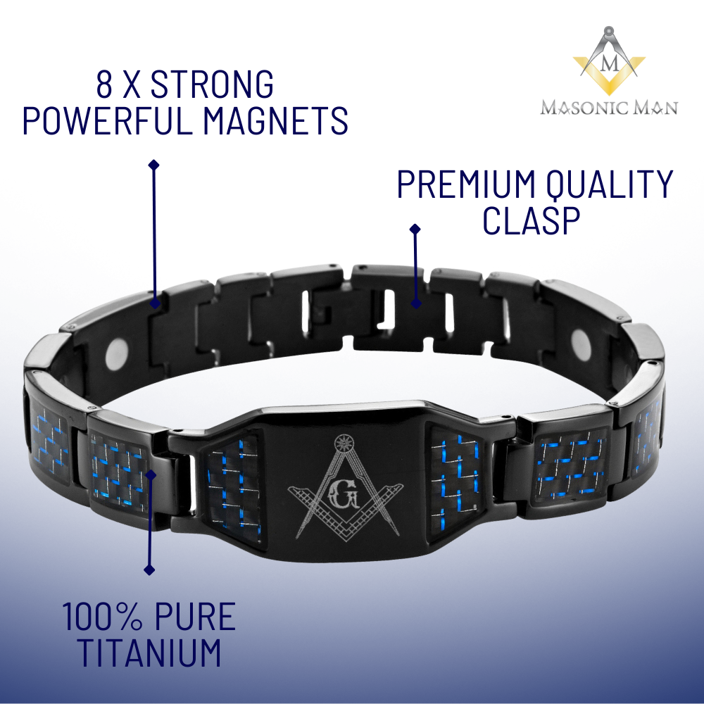 MasonicMan Black Titanium Masonic Magnetic Bracelet with Blue Carbon Fiber