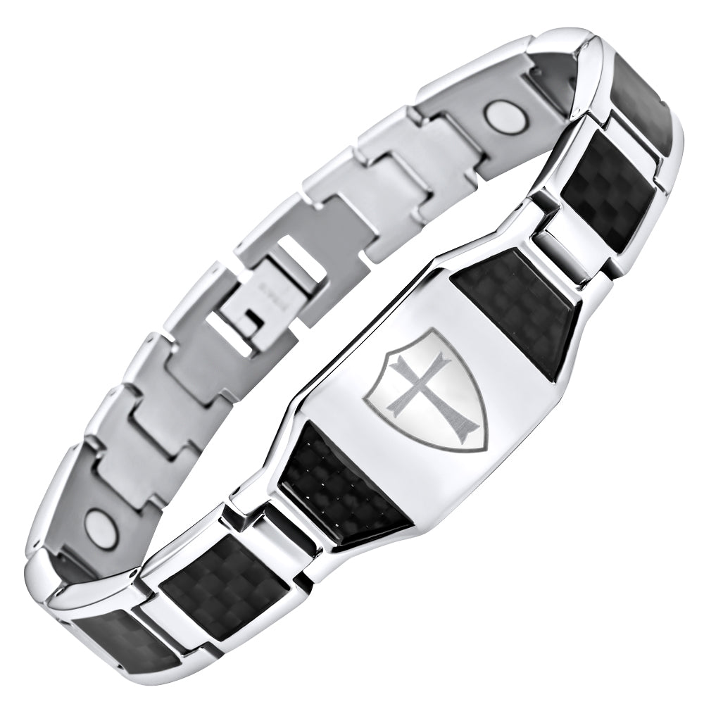 Titanium Bracelet with Blue Carbon Fiber Knights Templar Cross Shield