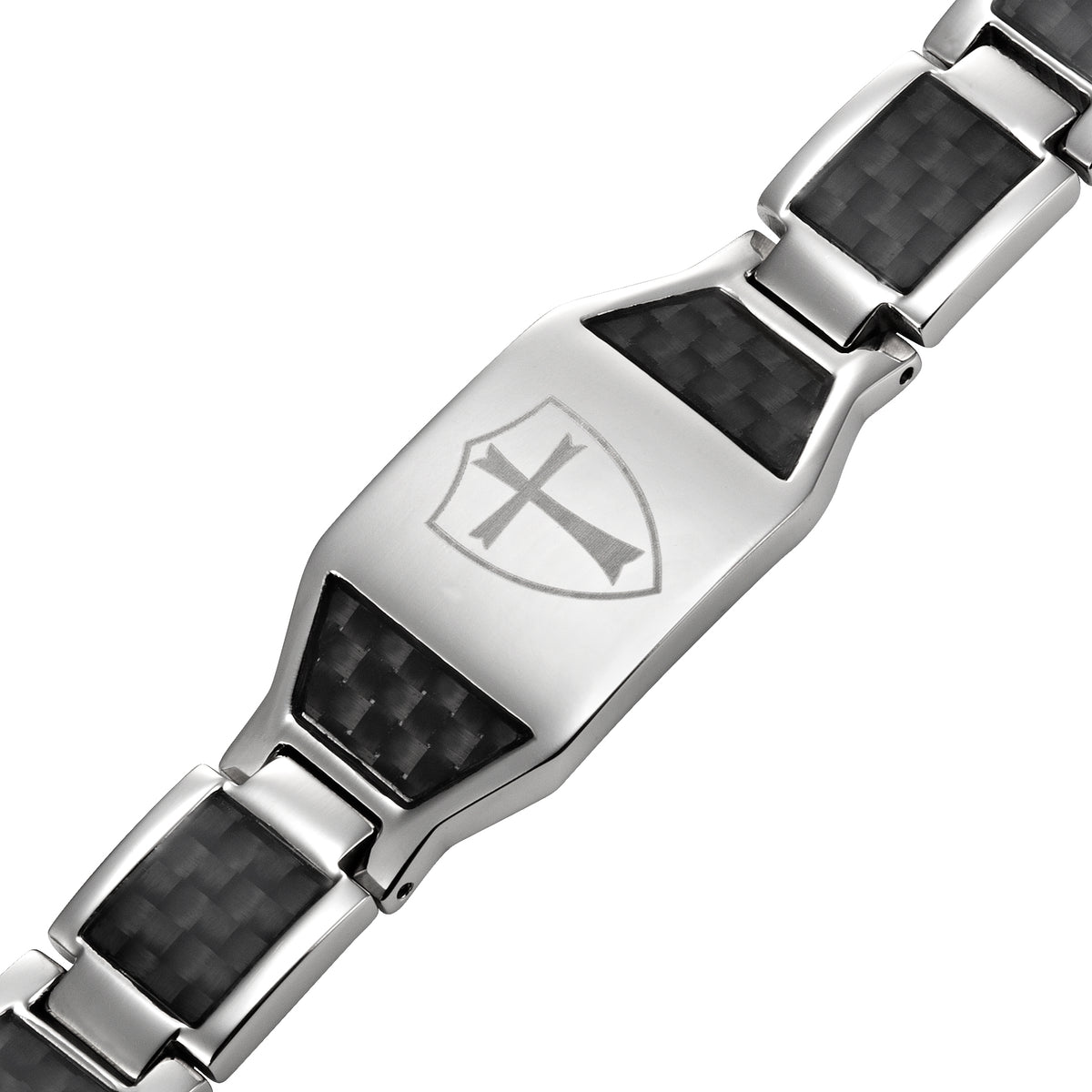 Titanium Bracelet with Blue Carbon Fiber Knights Templar Cross Shield