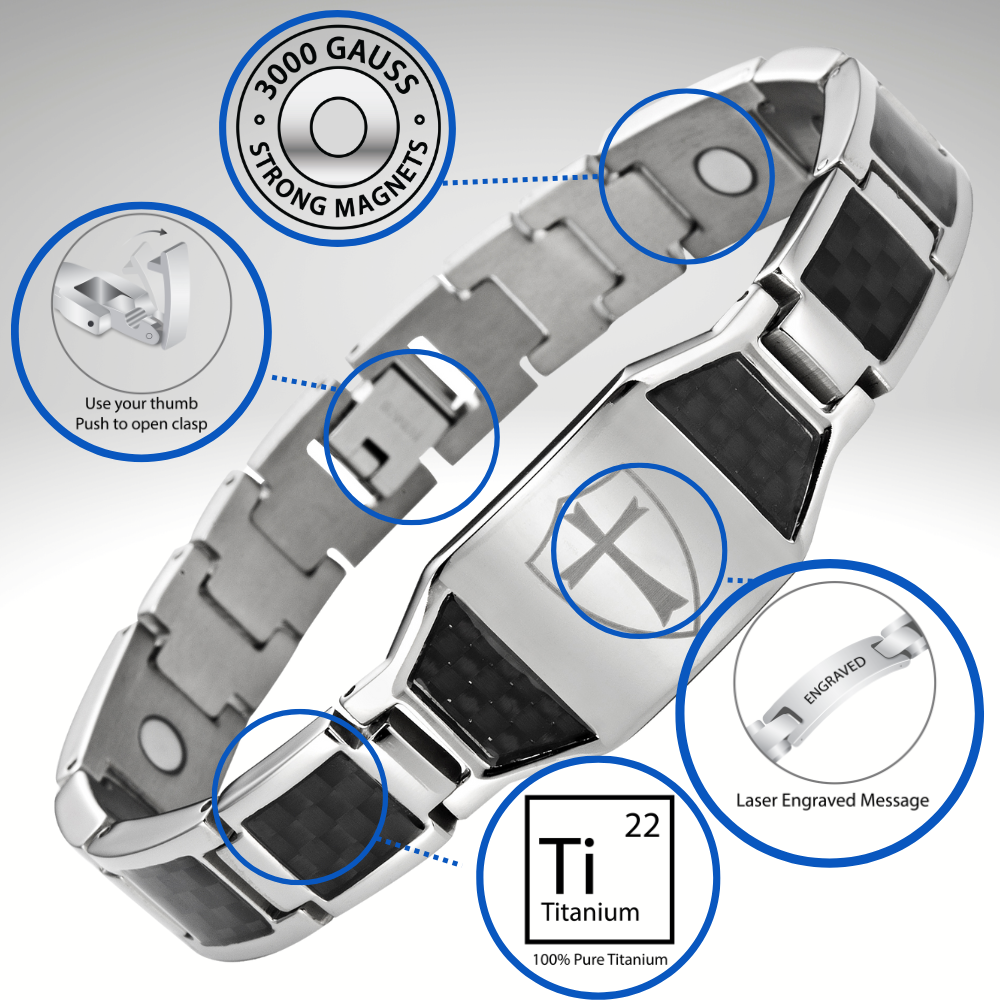 Titanium Bracelet with Blue Carbon Fiber Knights Templar Cross Shield