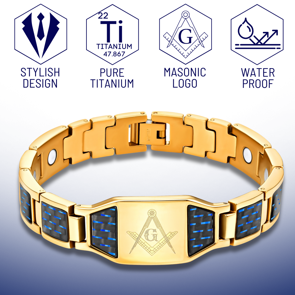 MasonicMan Gold Titanium Masonic Bracelet with Blue Carbon Fiber
