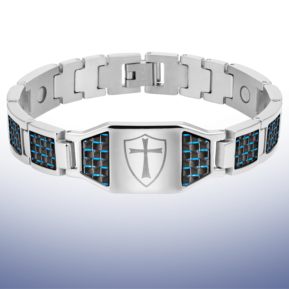 Titanium Bracelet with Blue Carbon Fiber Knights Templar Cross Shield