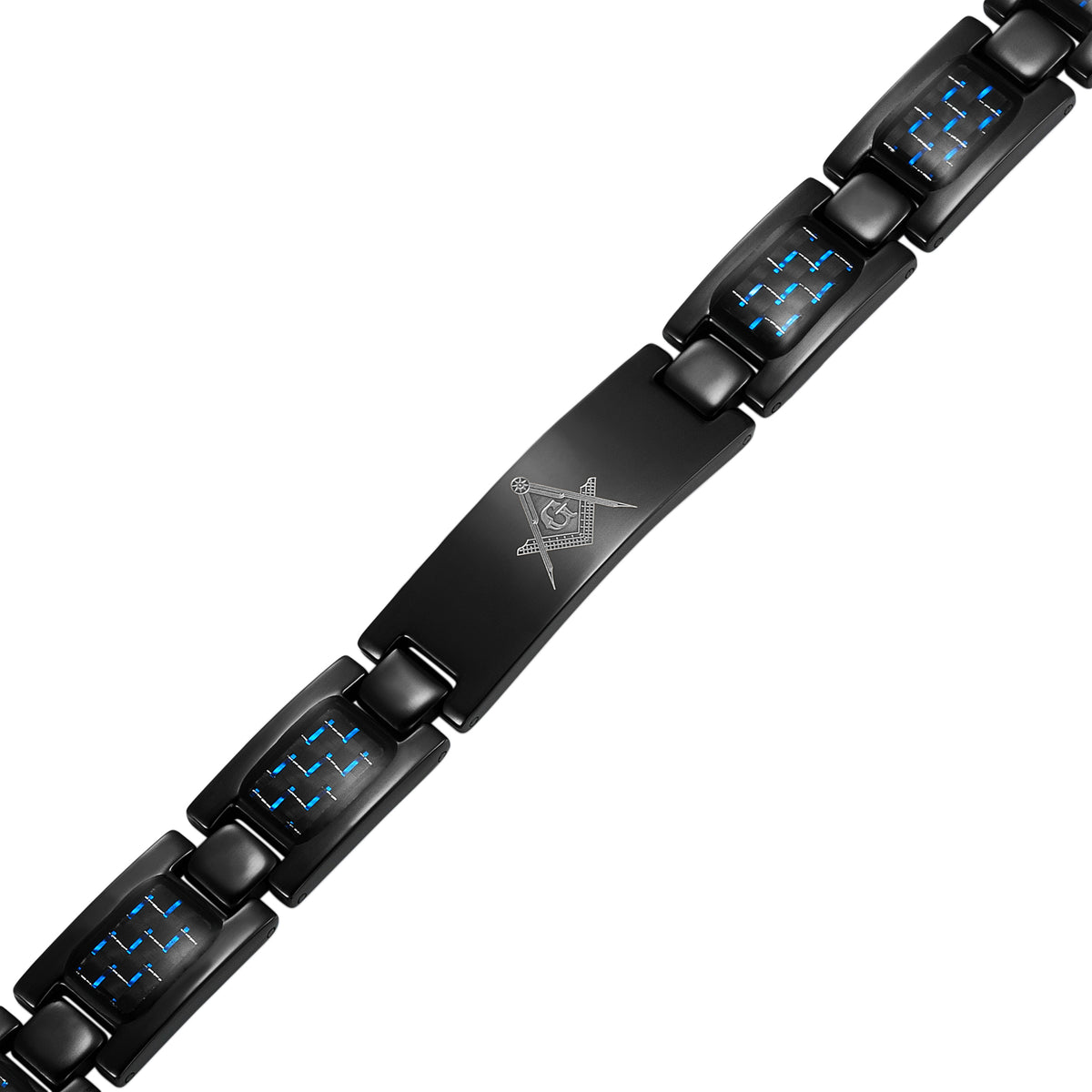 Masonic Black Titanium Bracelet with Blue Carbon Fiber