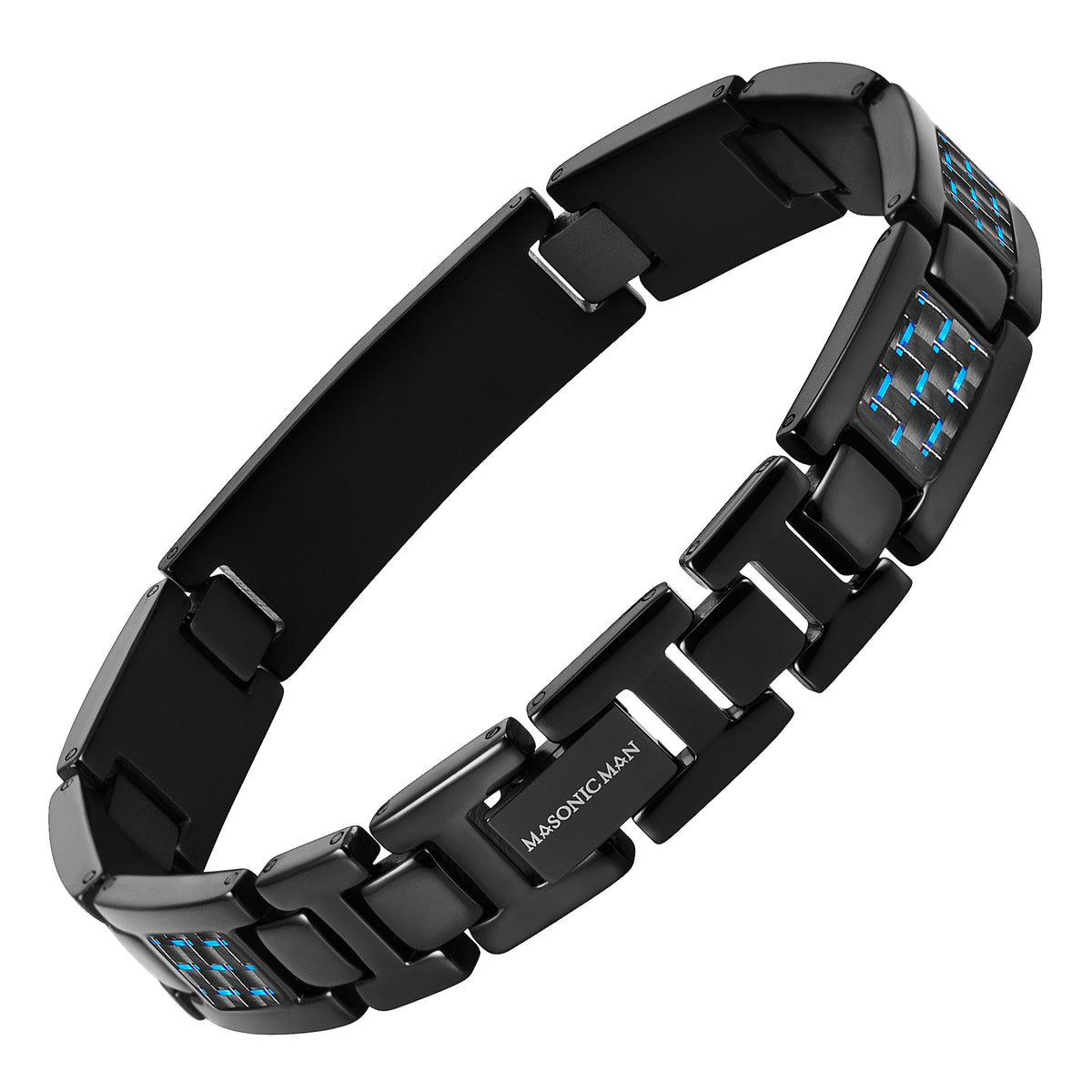 Masonic Black Titanium Bracelet with Blue Carbon Fiber