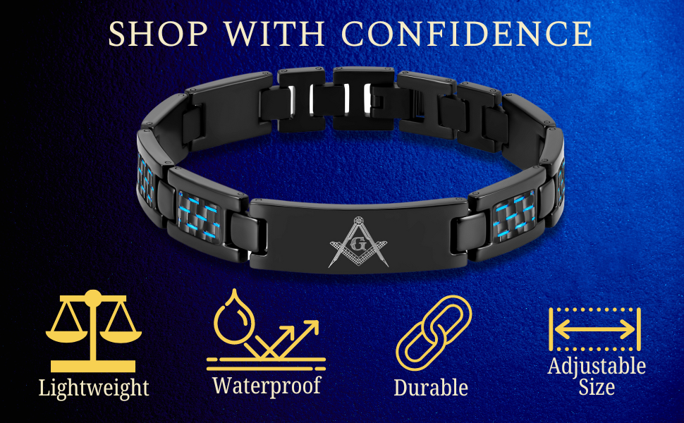 Masonic Black Titanium Bracelet with Blue Carbon Fiber