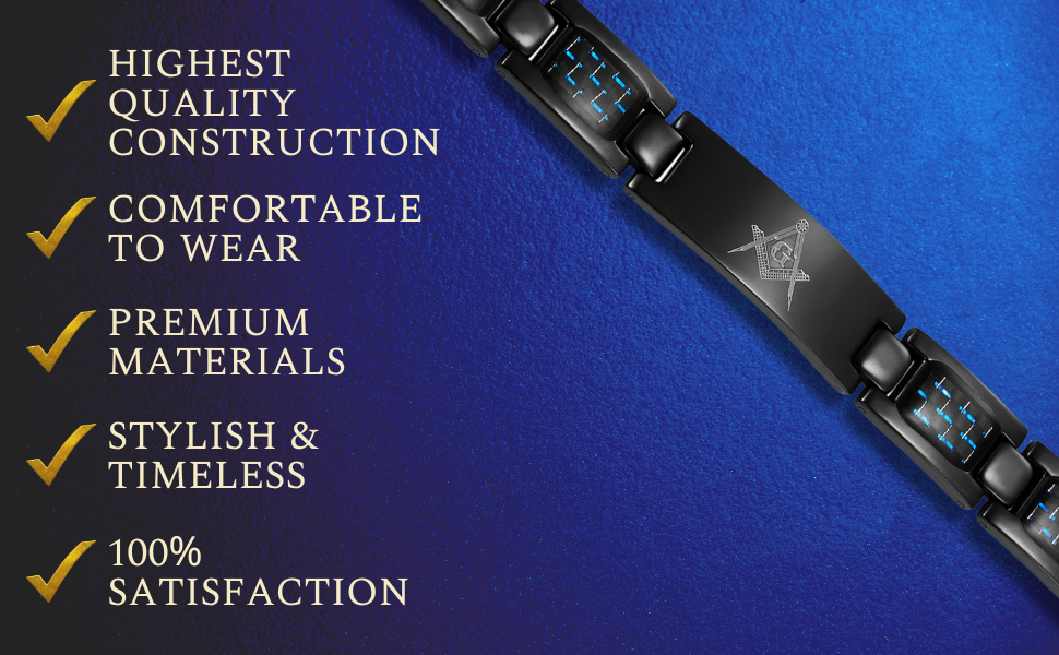 Masonic Black Titanium Bracelet with Blue Carbon Fiber