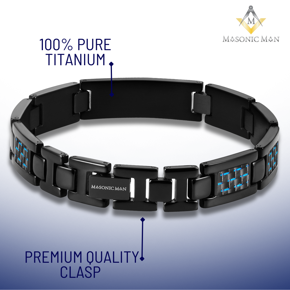 Masonic Black Titanium Bracelet with Blue Carbon Fiber