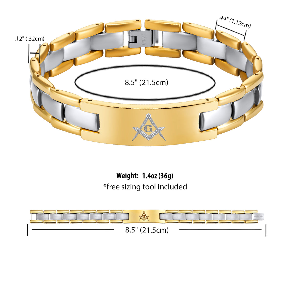 MasonicMan Two Tone Gold Titanium Bracelet with Square and Compass