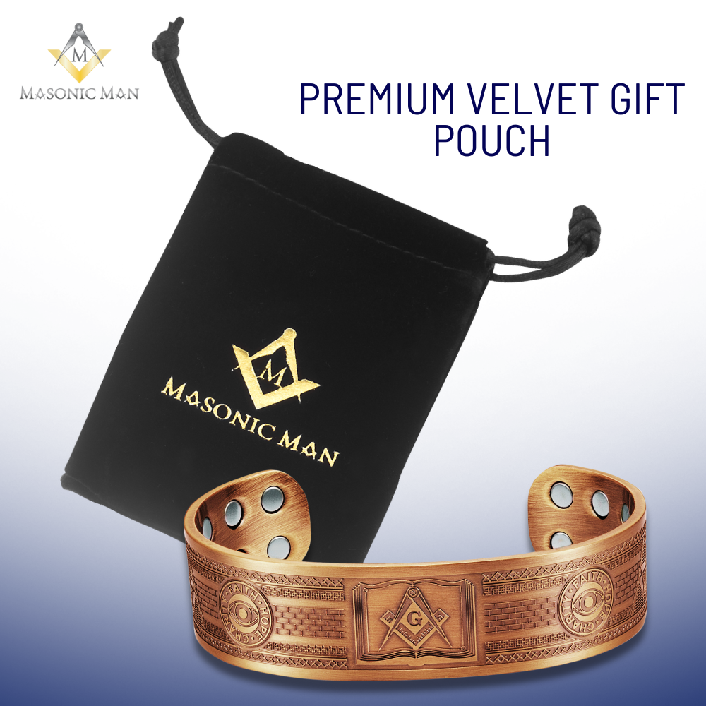 Pure copper Masonic bangle showing Volume of the Sacred Law and magnetic interior
