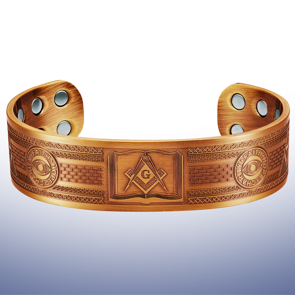 Copper Masonic magnetic bangle with Square and Compasses on the Volume of the Sacred Law