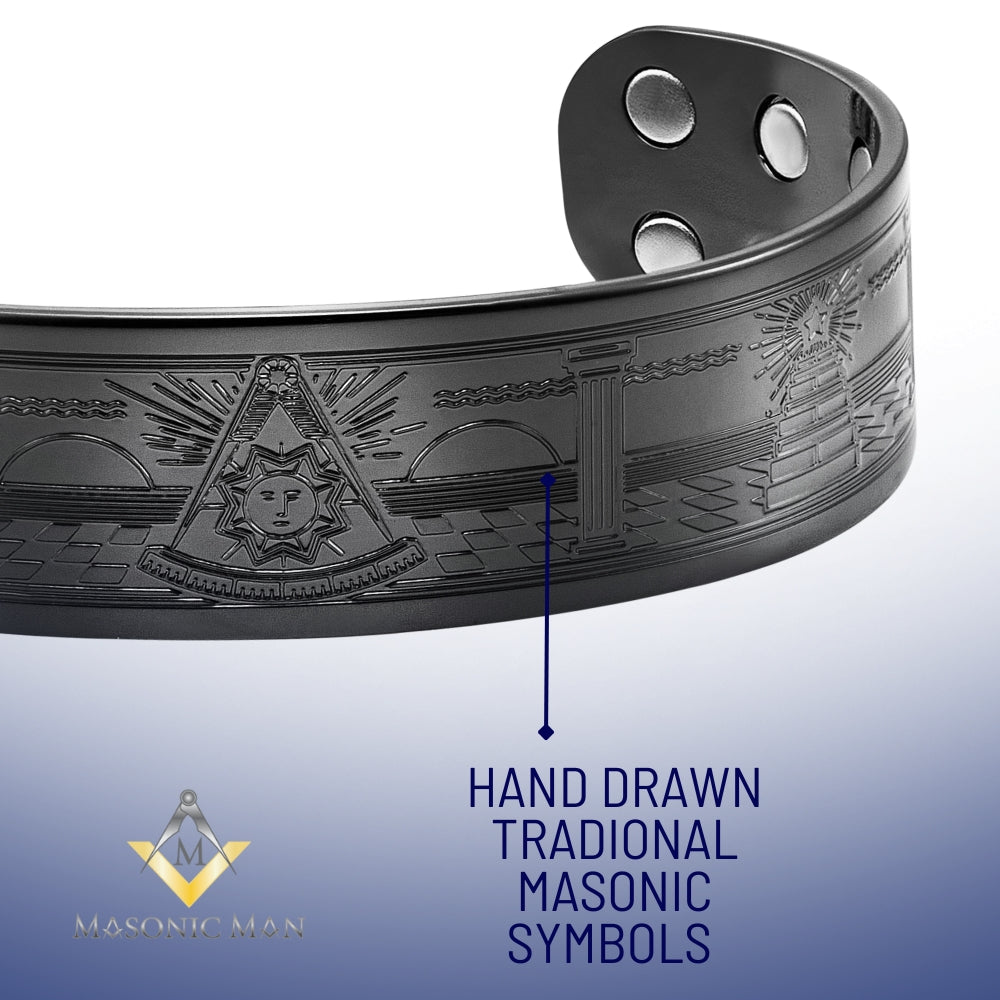 Pure copper black magnetic Past Master bracelet featuring detailed Masonic artwork
