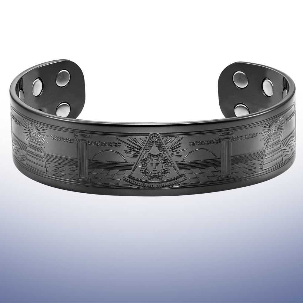 Black Masonic Past Master copper magnetic bangle with Sun and Square & Compasses engraving