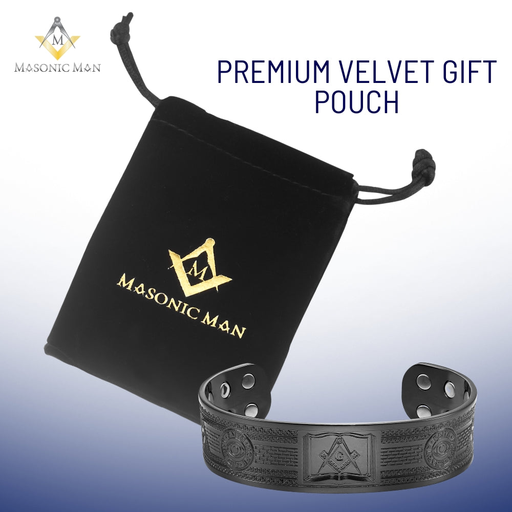 Pure copper black magnetic Masonic bracelet showing Square and Compasses engraving