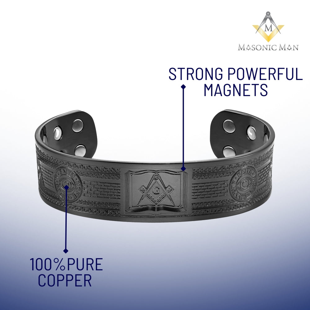 Black Masonic Copper Magnetic Bangle – Square & Compasses on the Volume of the Sacred Law