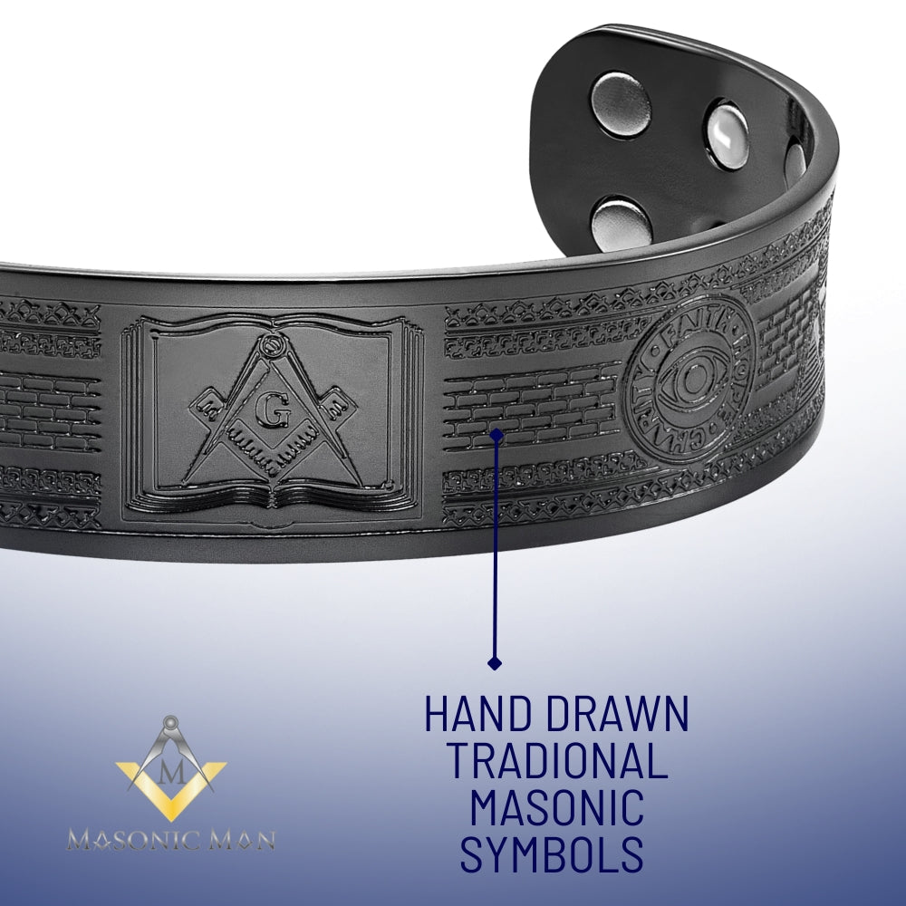 Side view of black Masonic magnetic bangle highlighting detail and craftsmanship