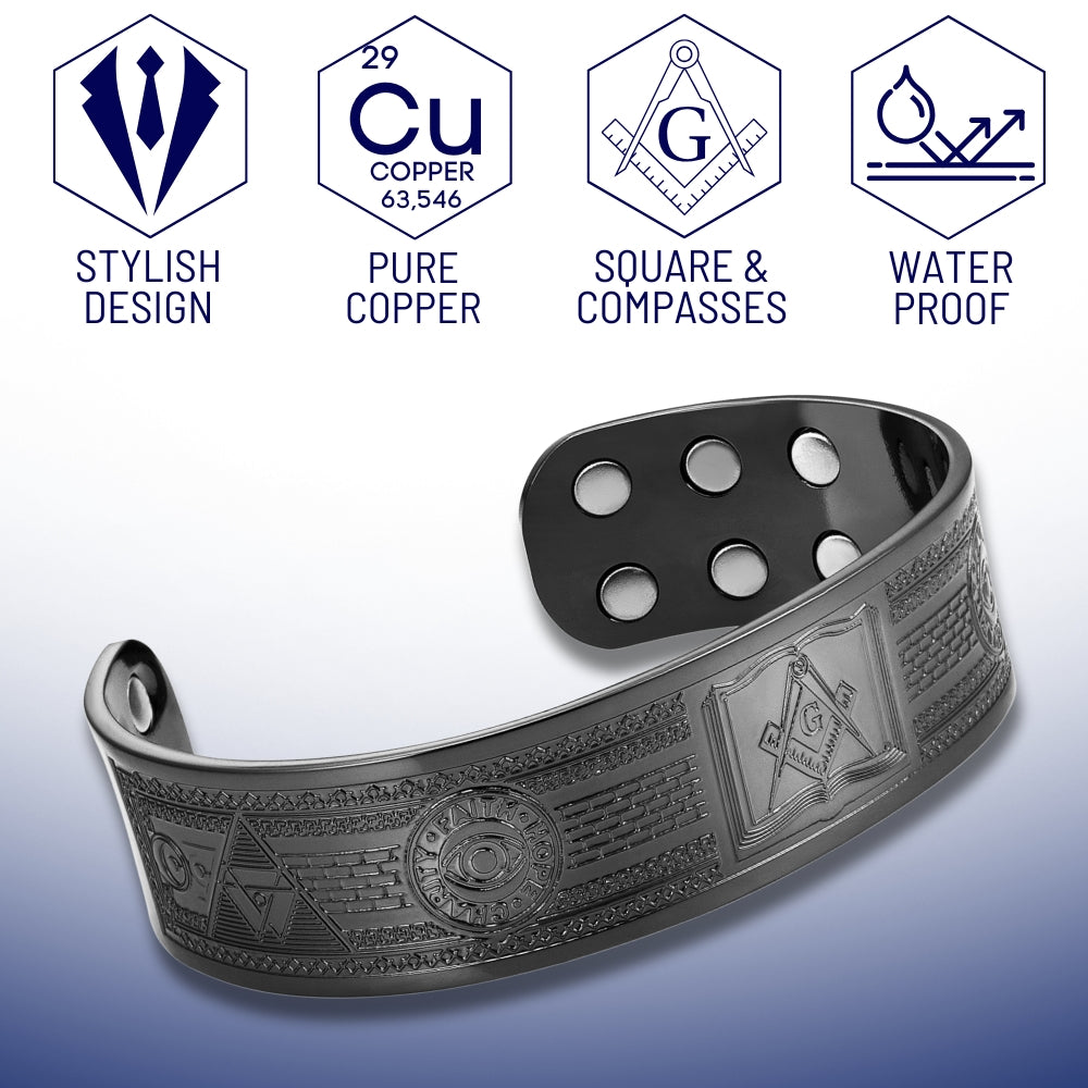Black Masonic Copper Magnetic Bangle – Square & Compasses on the Volume of the Sacred Law
