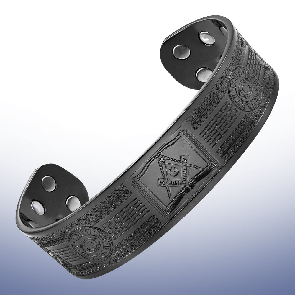 Black Masonic copper magnetic bangle with Square and Compasses on the Volume of the Sacred Law
