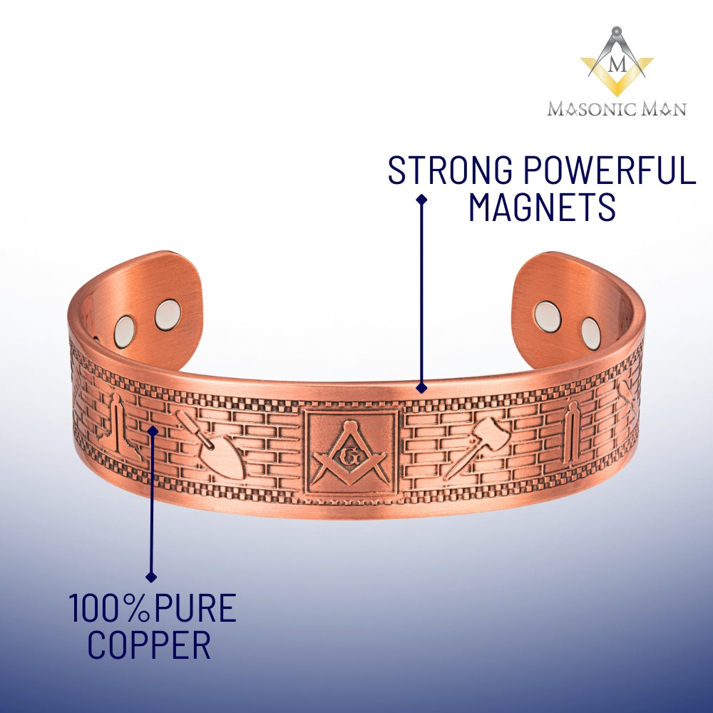 Pure copper Masonic magnetic bangle with brickwork design and 6 magnets